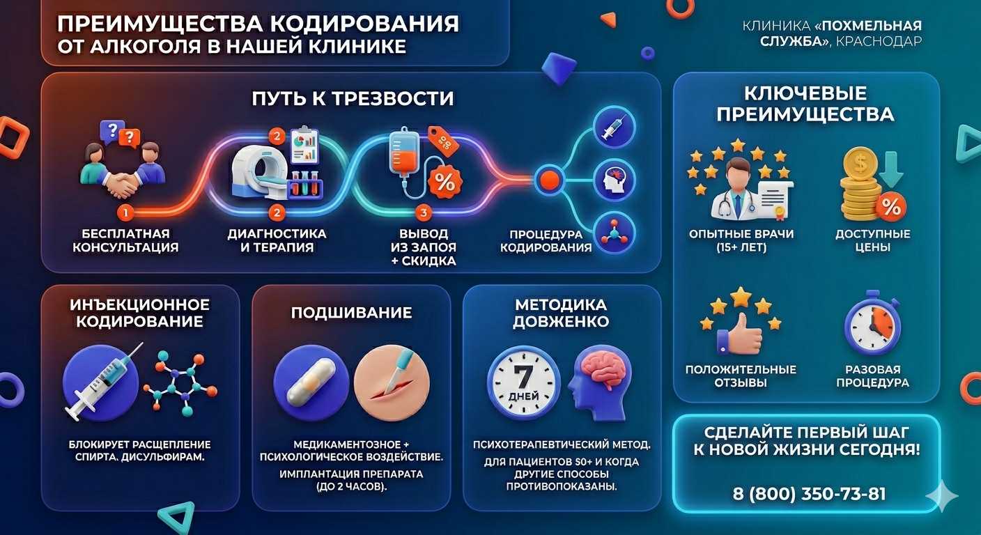 Инфографика о методах кодирования от алкоголя в Платнировской: инъекции, подшивание, метод Довженко. Преимущества клиники и этапы лечения.