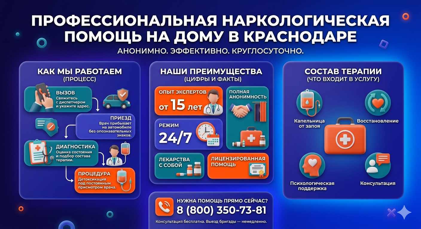Инфографика о принципах лечения алкоголизма на дому в Платнировской: этапы вызова нарколога, преимущества анонимной детоксикации и состав медицинской помощи.